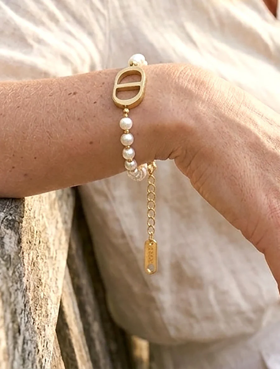 Bracelet en perle à charm ovale - Or/blanc
