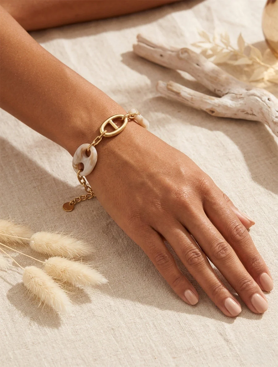 Bracelet maillon marin et graines de café - Or