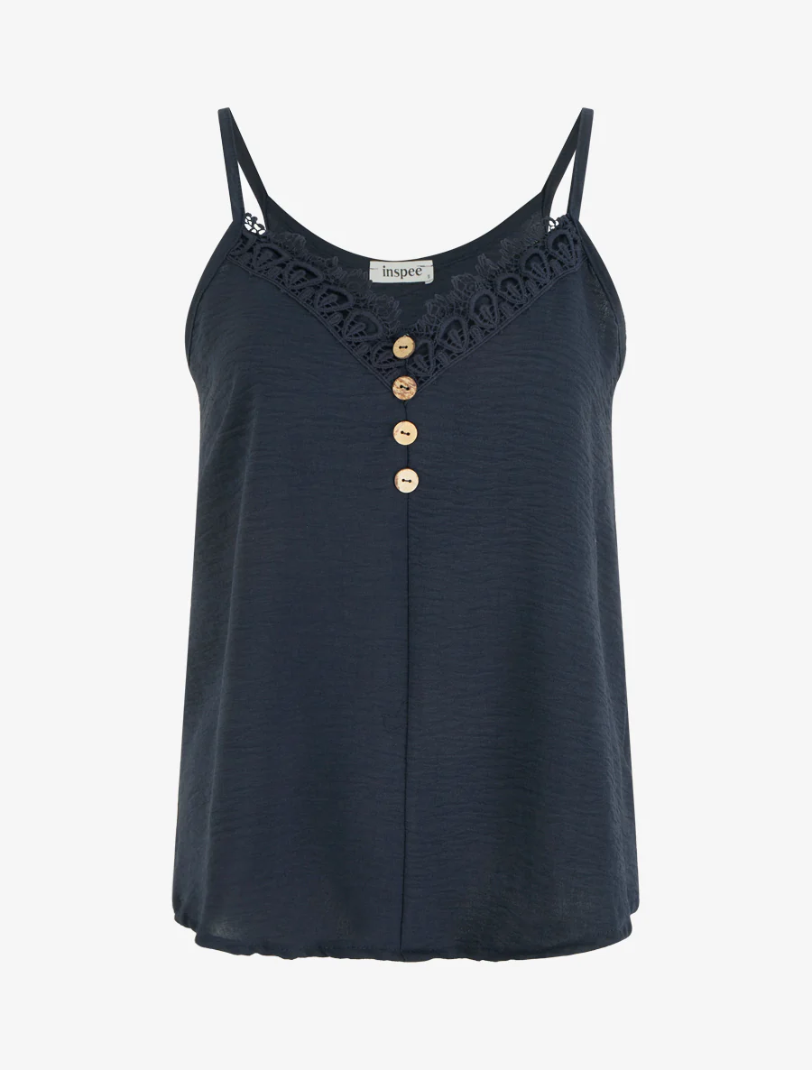 Caraco à boutons décoratifs et broderie - Bleu nuit