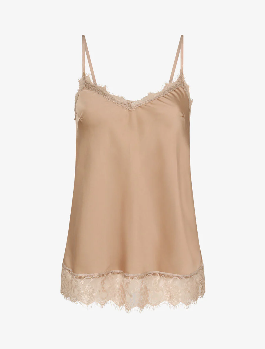 Caraco droit satiné à bords en dentelle - Beige