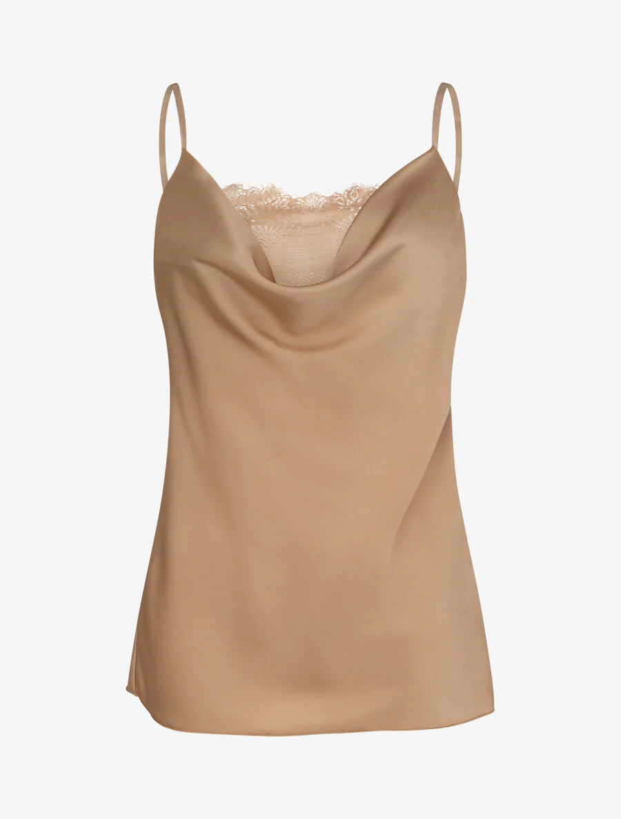 Caraco droit satiné à col bénitier et dentelle - Beige