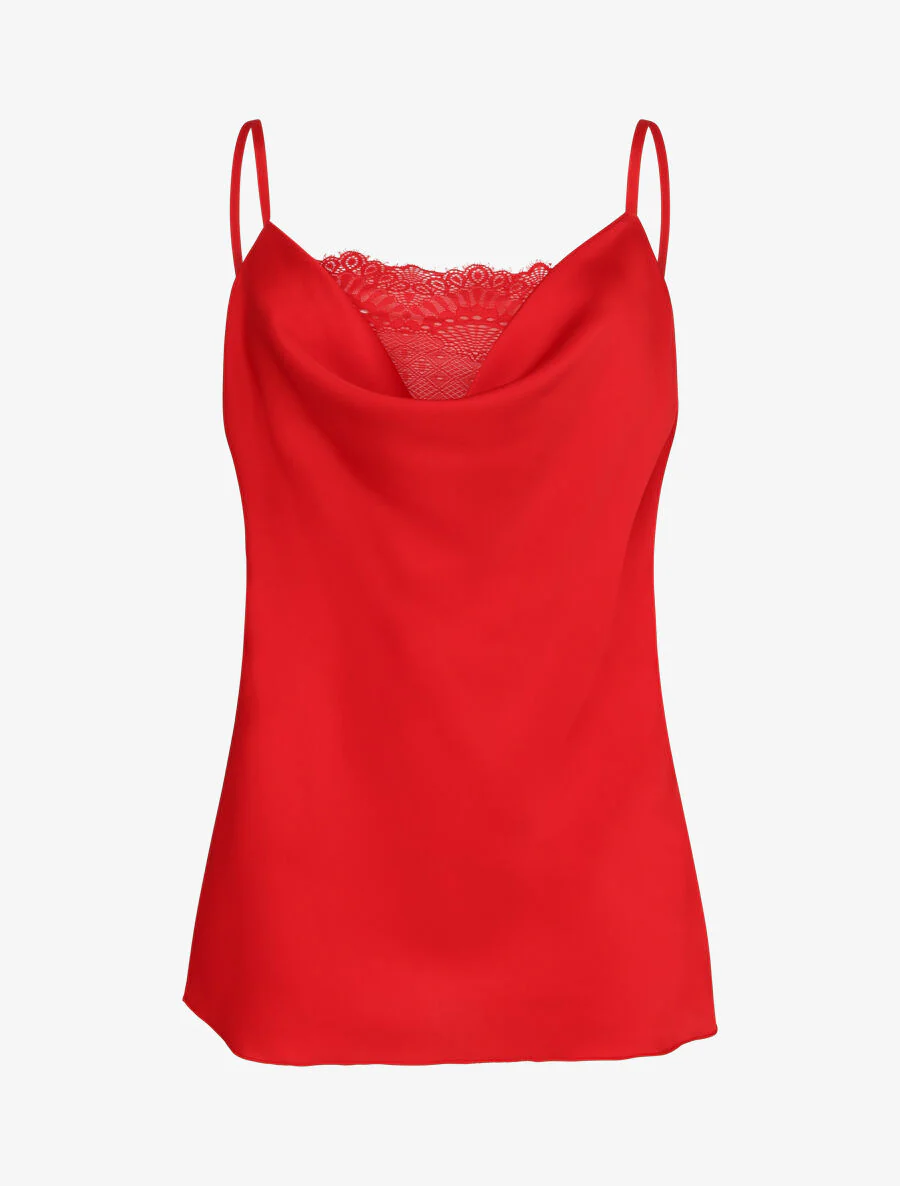 Caraco droit satiné à col bénitier et dentelle - Rouge