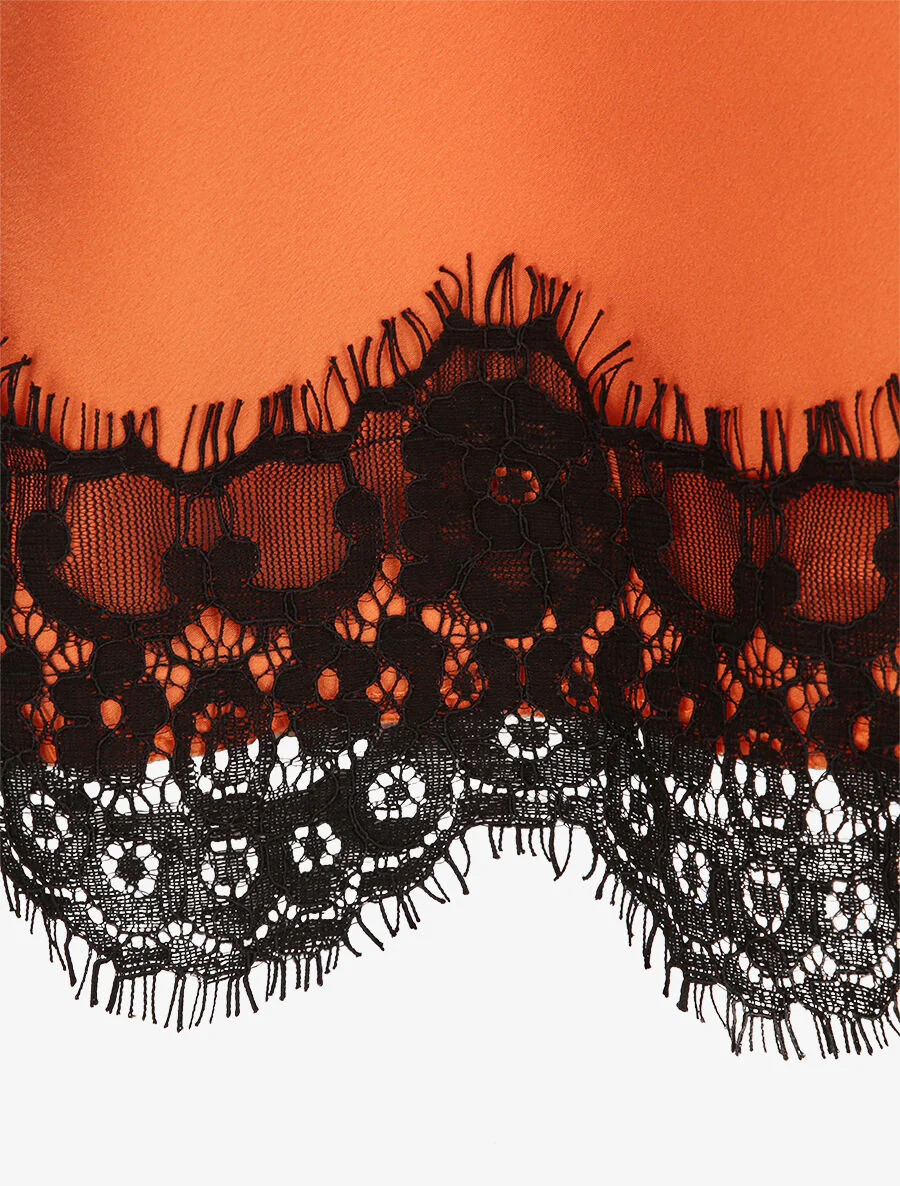 Caraco droit satiné à col et bord en dentelle - Orange - Image 3