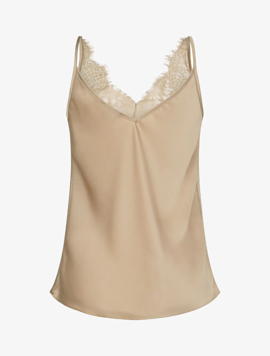 Caraco droit satiné à col V en dentelle - Beige - Image 2