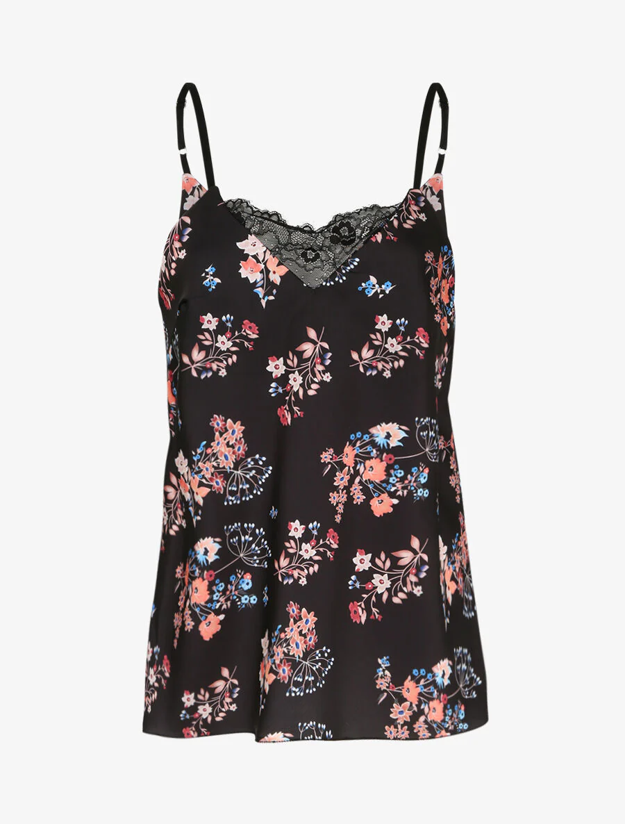 Caraco droit satiné à imprimé bouquet floral et dentelle stylisée - Noir