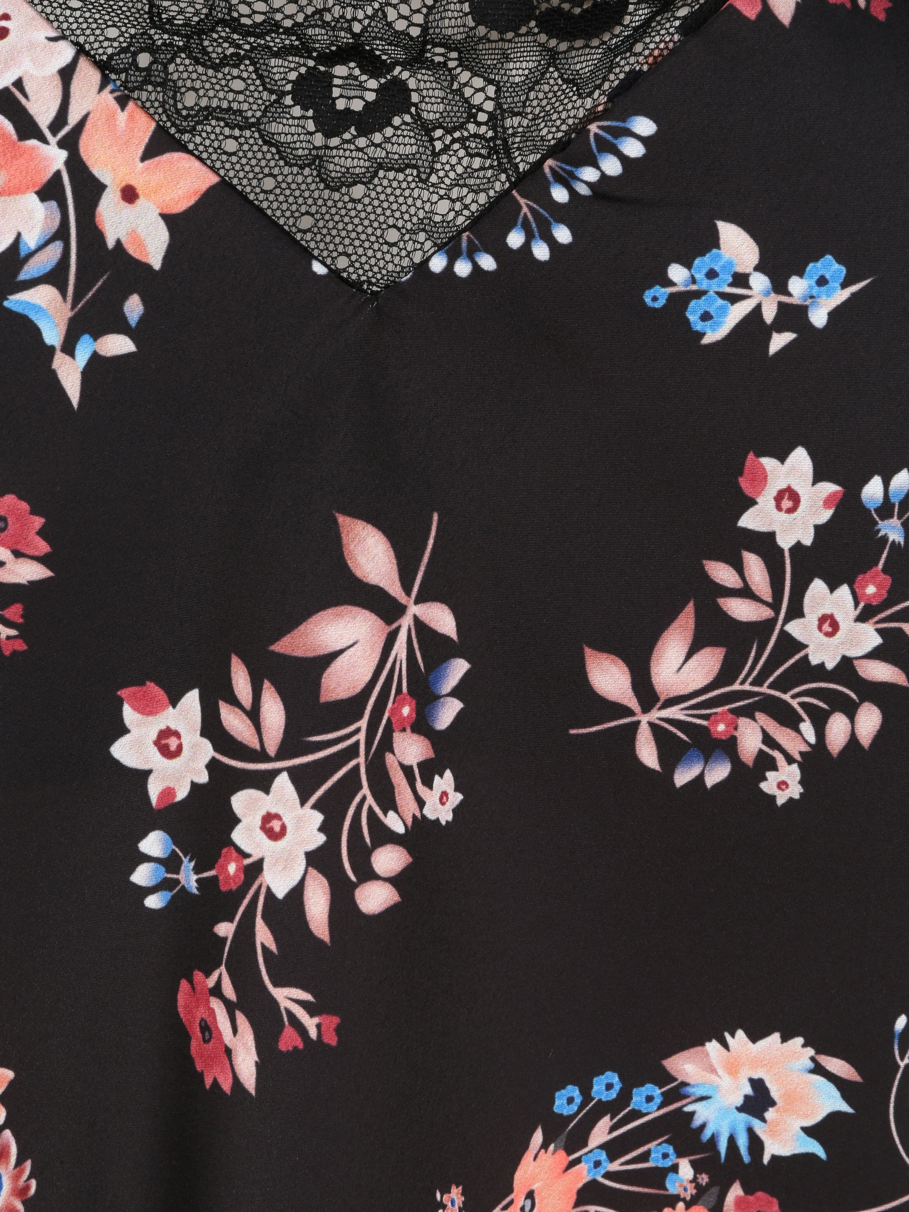 Caraco droit satiné à imprimé bouquet floral et dentelle stylisée - Noir - Image 3