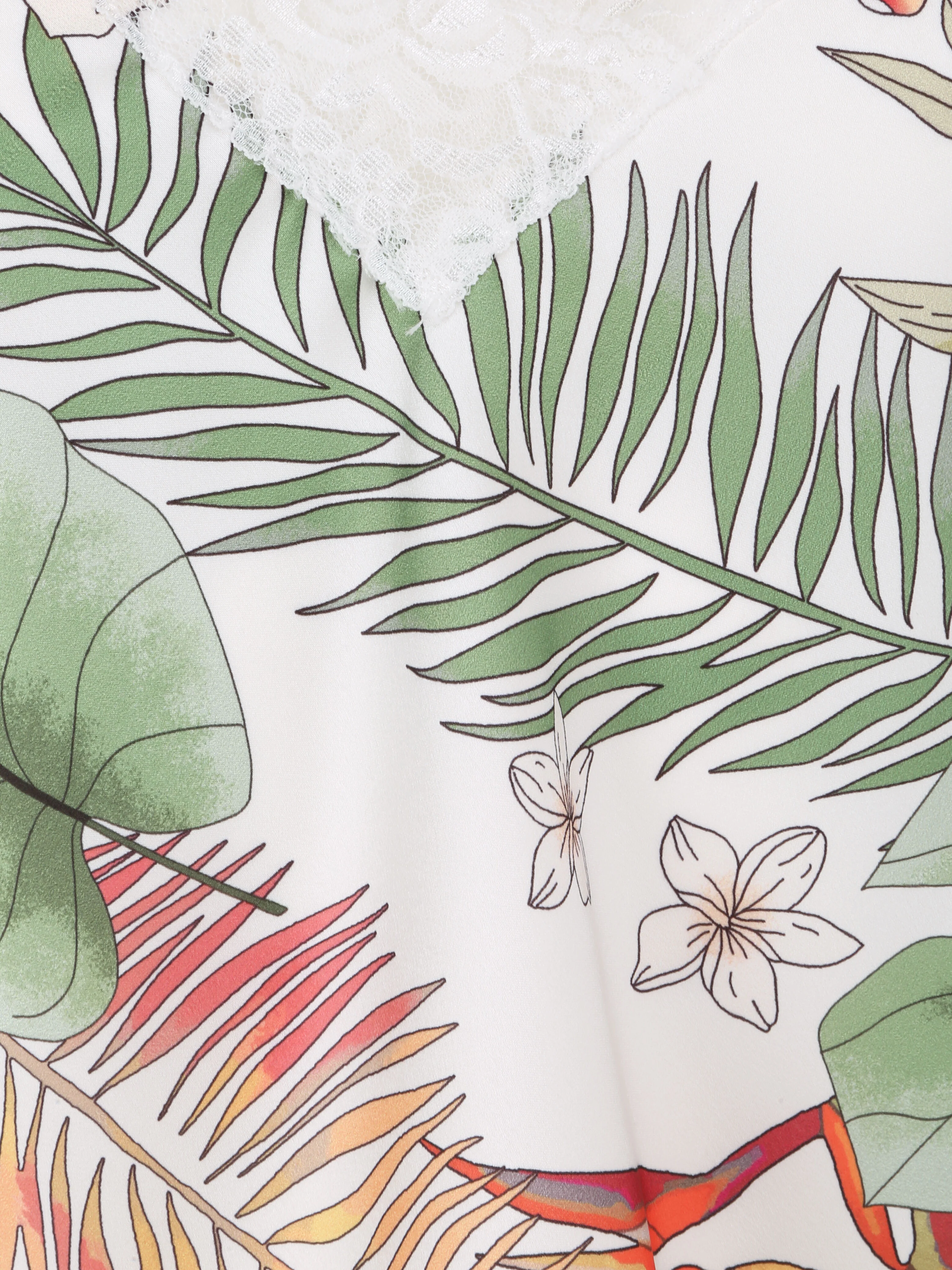 Caraco droit satiné imprimé fleurs diverses et col V en dentelle - Blanc - Image 3