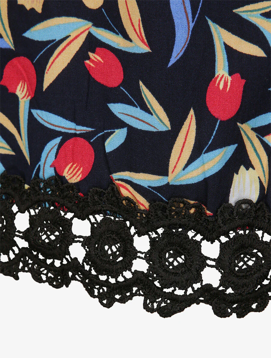 Caraco imprimé roses à détail crochet - Bleu nuit - Image 3