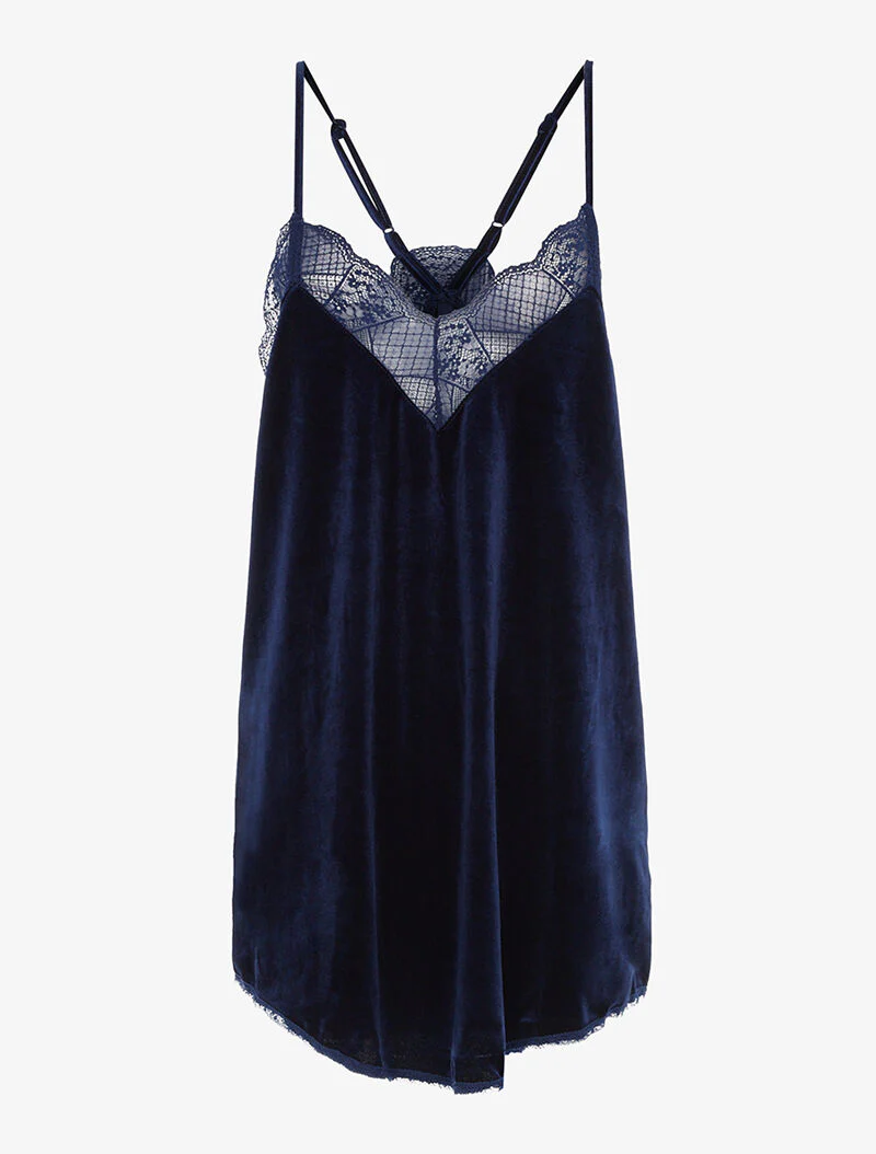 Caraco long en velours et bord dentelle - bleu nuit