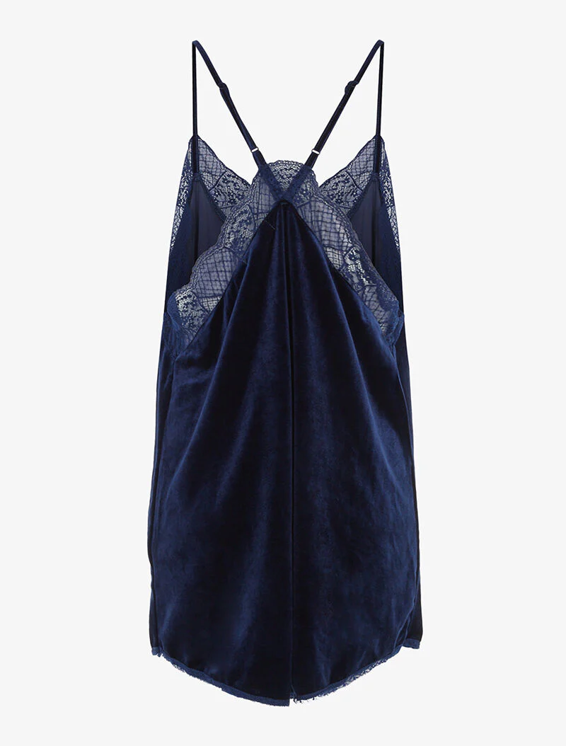 Caraco long en velours et bord dentelle - bleu nuit - Image 2