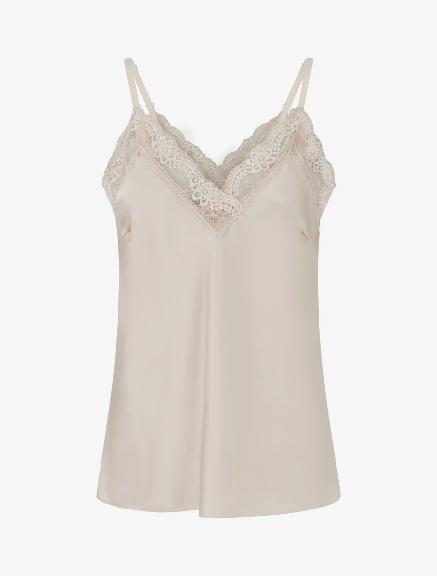 Caraco satiné à col en dentelle - Beige clair