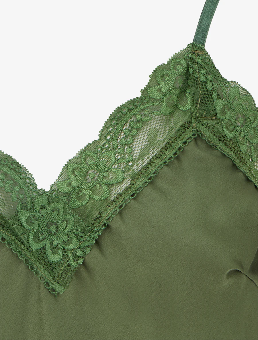 Caraco satiné à col en dentelle - Kaki - Image 3