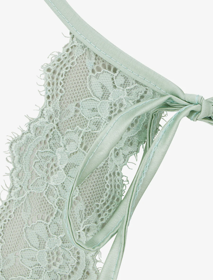 Caraco satiné à dentelle et liens - Vert d'eau - Image 3