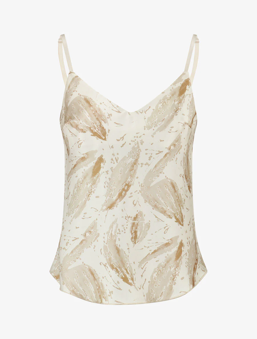 Caraco satiné imprimé feuilles fantaisies - Beige