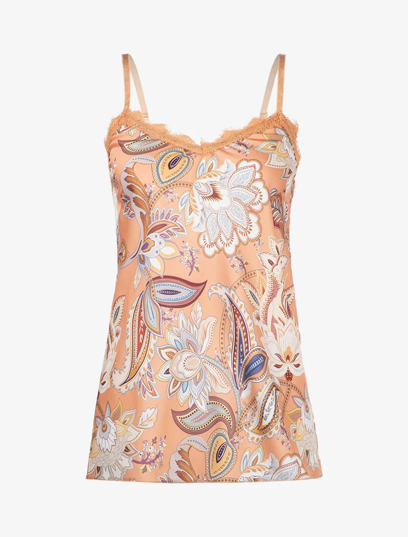 Caraco satiné imprimé fleurs baroque - orange