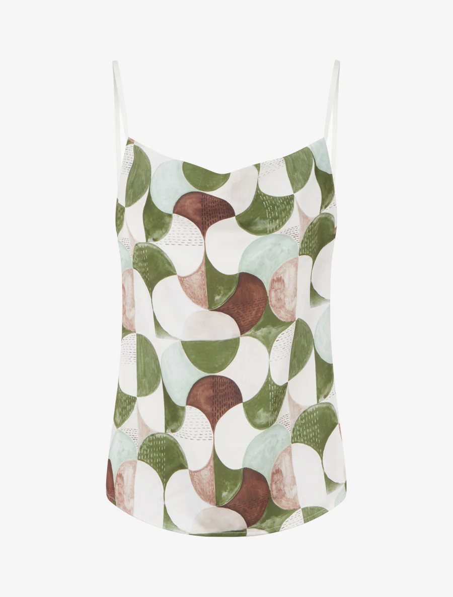 Caraco satiné imprimé rétro - Kaki