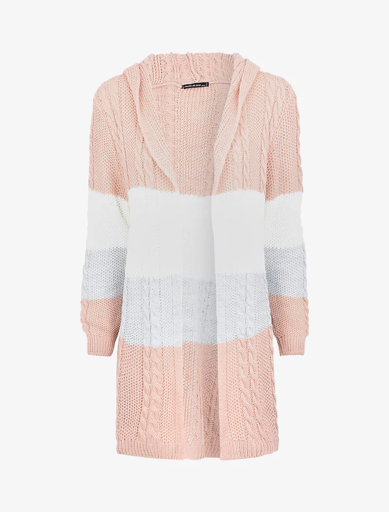 Cardigan à capuche en maille tricot - Rose/blanc/gris