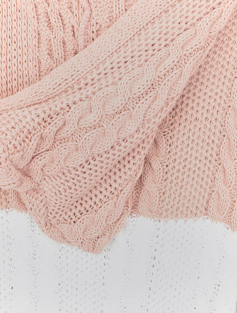Cardigan à capuche en maille tricot - Rose/blanc/gris - Image 3