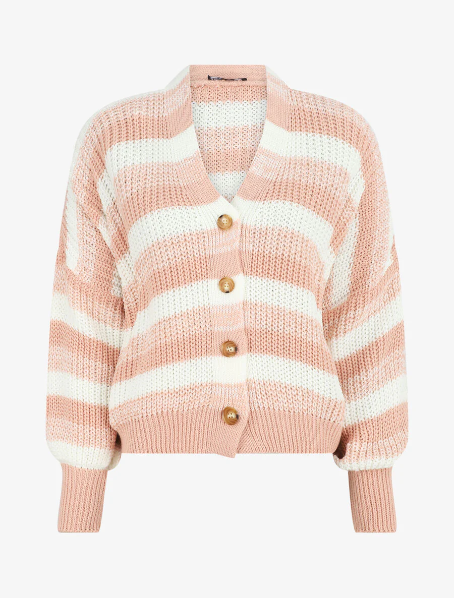 Cardigan à rayures et bords côtelés - Rose