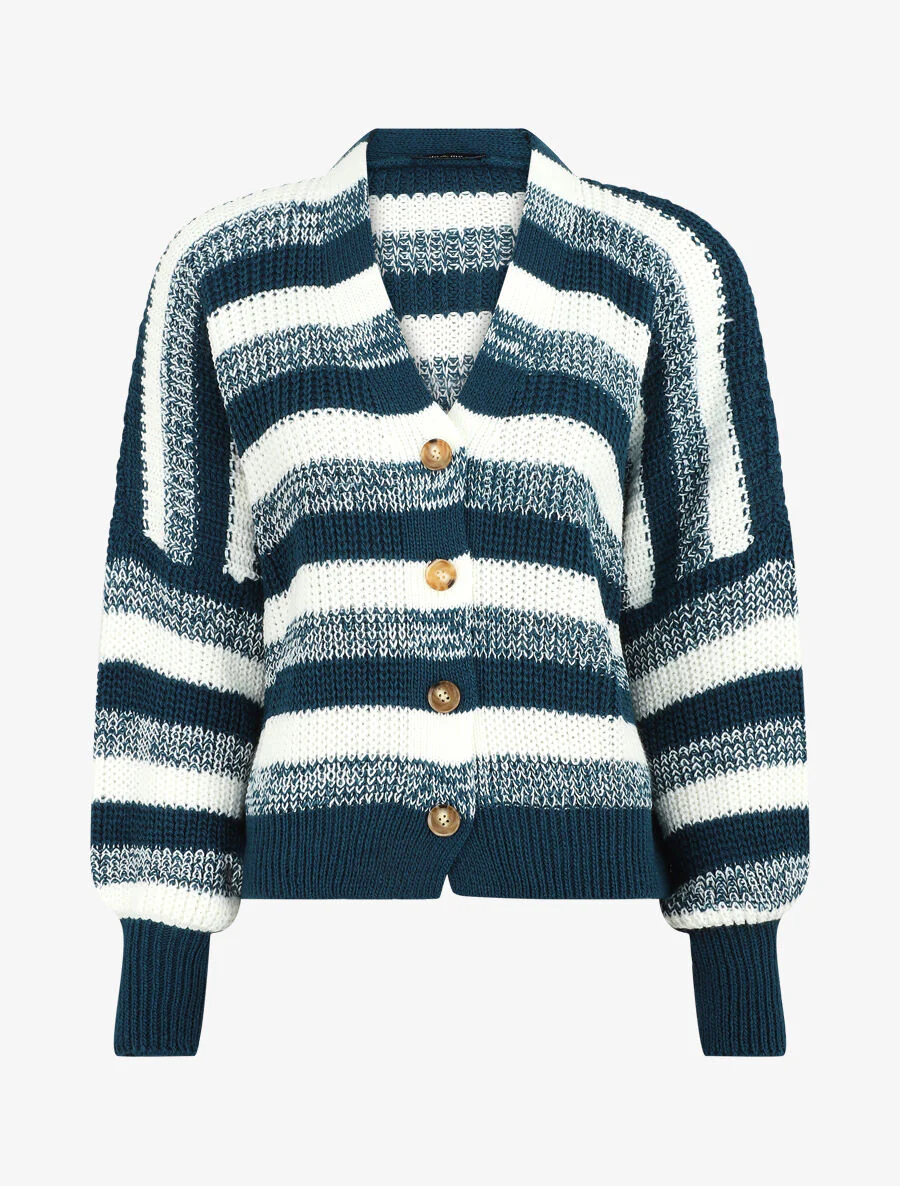Cardigan à rayures et bords côtelés - Bleu canard