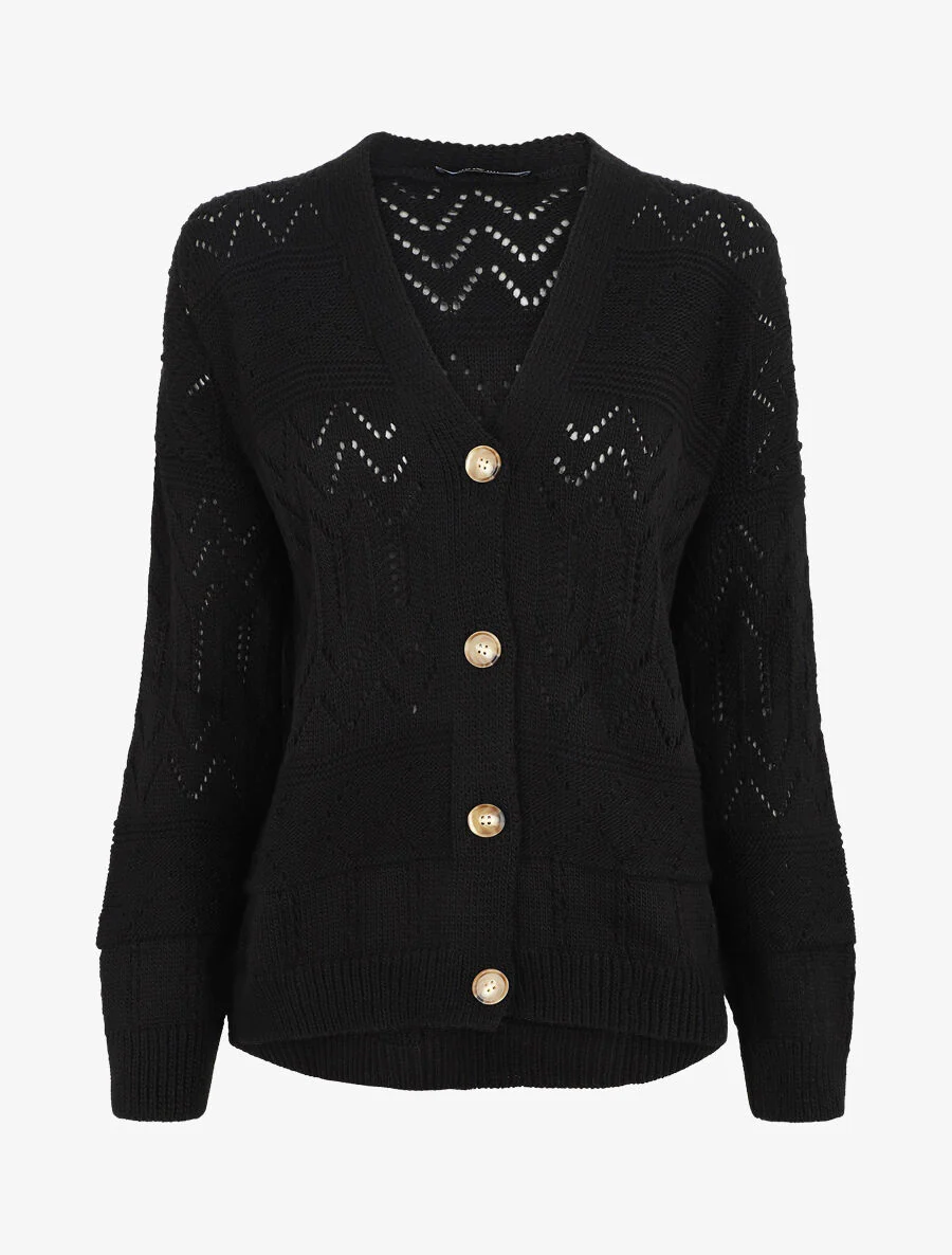 Cardigan grosse maille ajourée et bords côtelés - Noir