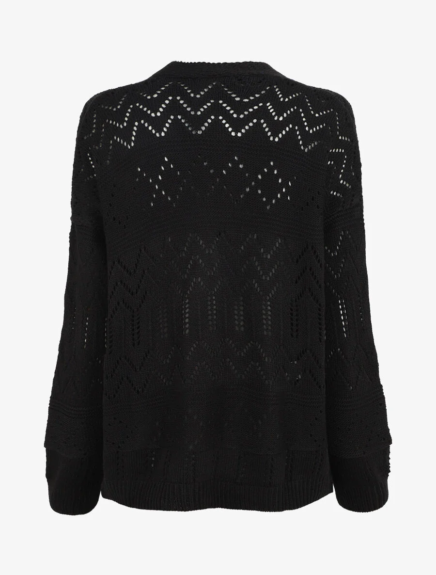 Cardigan grosse maille ajourée et bords côtelés - Noir - Image 2
