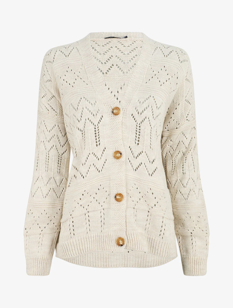 Cardigan grosse maille ajourée et bords côtelés - Beige