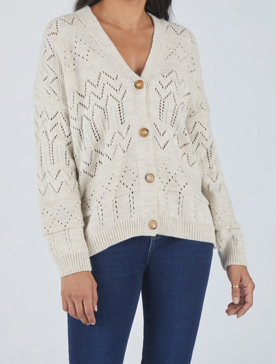 Cardigan grosse maille ajourée et bords côtelés - Beige - Image 4