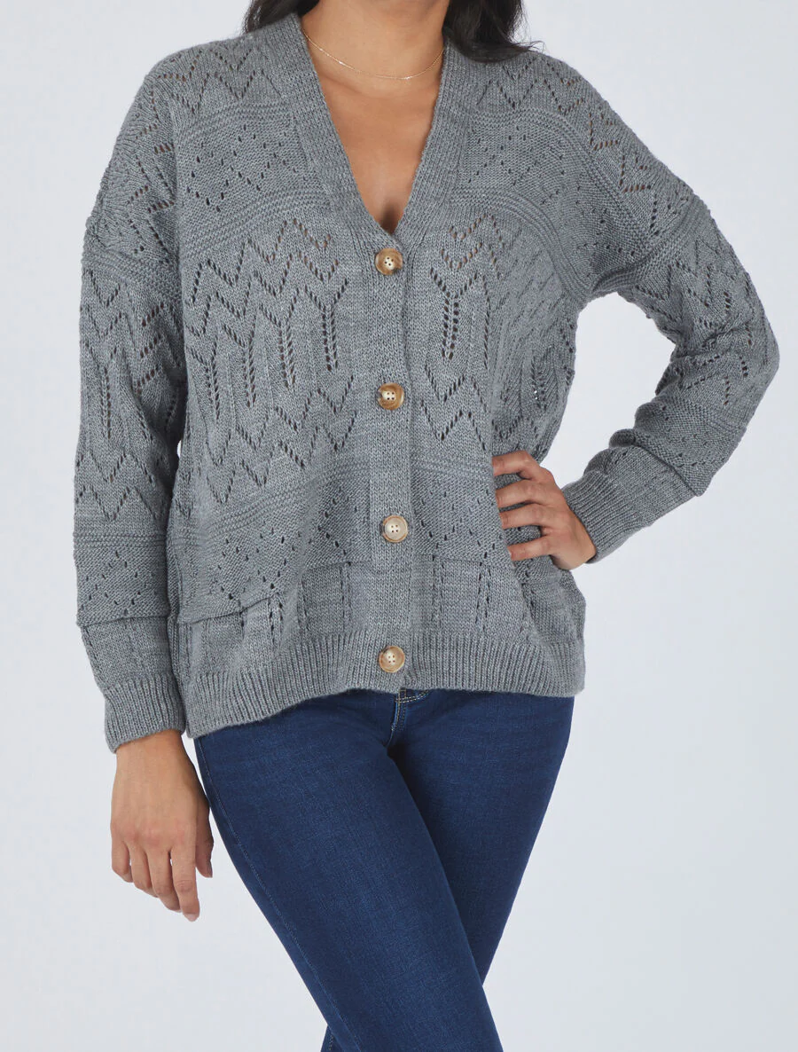 Cardigan grosse maille ajourée et bords côtelés - Gris - Image 4