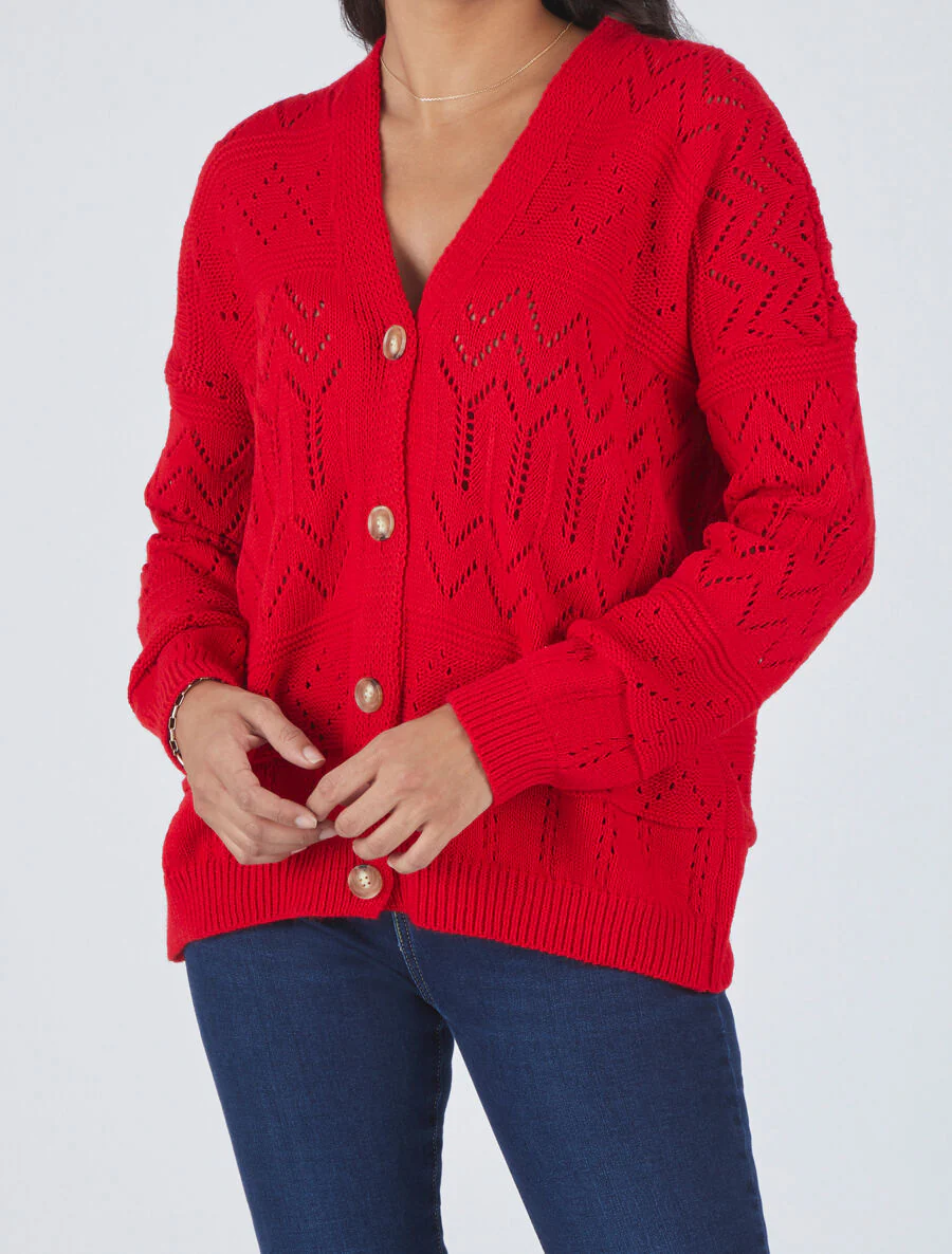 Cardigan grosse maille ajourée et bords côtelés - Rouge - Image 4