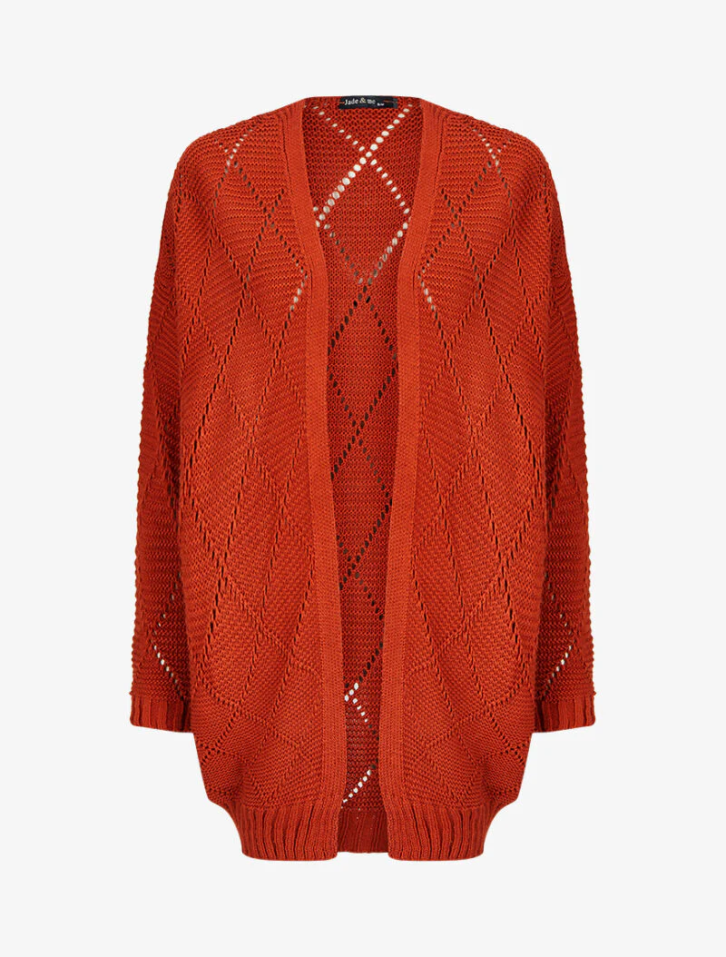 Cardigan mi-long en maille ajourée - Rouille
