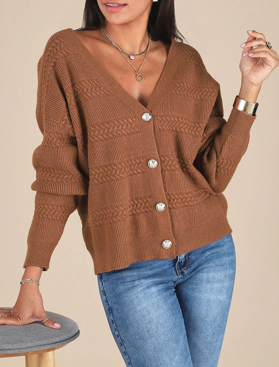 Cardigan uni à coupe carré et effet texturé - Marron - Image 4
