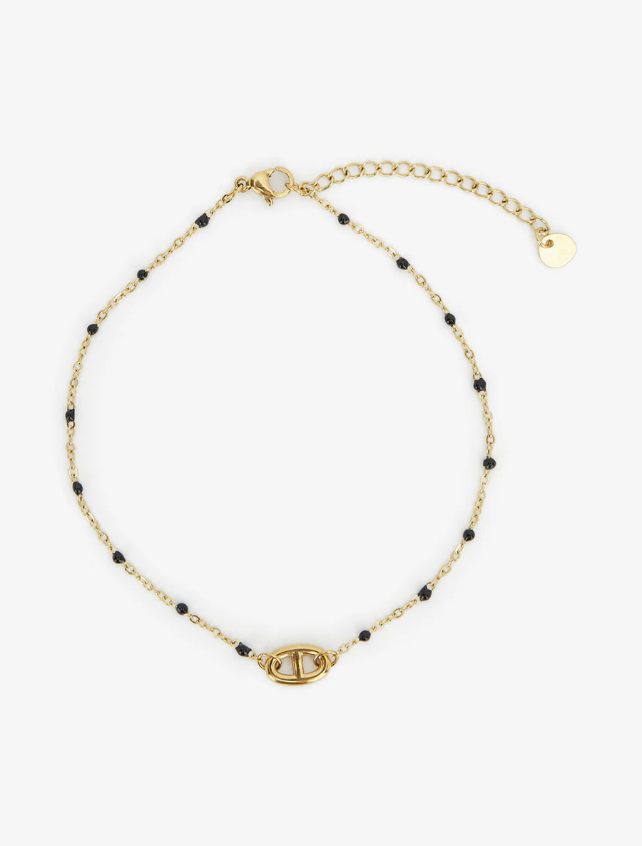 Chaîne de cheville à maillon marin et perles noires - Or - Image 2