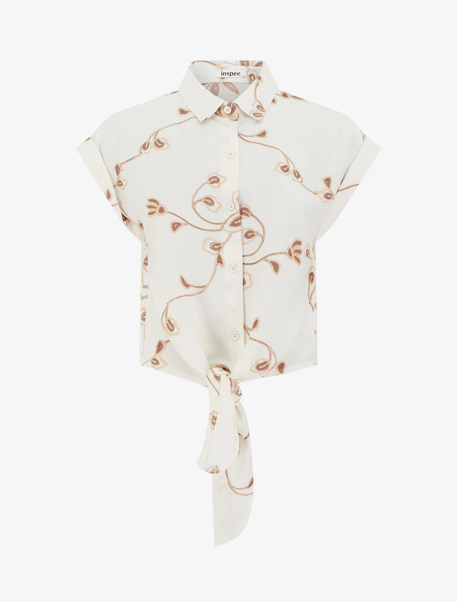 Chemise à nouer à broderies florales - Écru