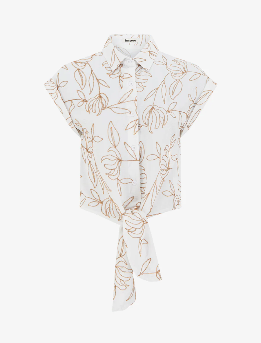 Chemise à nouer à broderies végétales - Écru