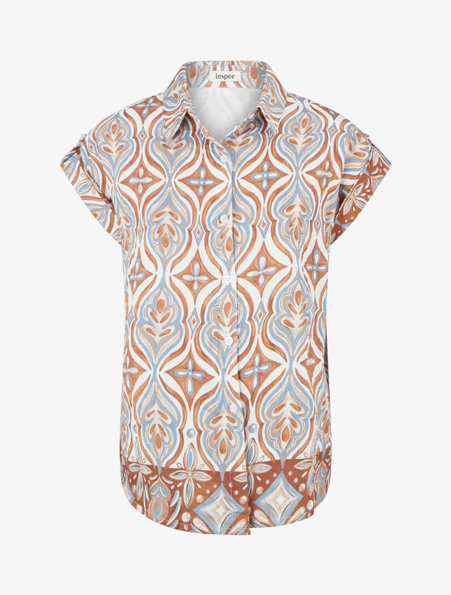 Chemise ample manches courtes à imprimé baroque - Camel