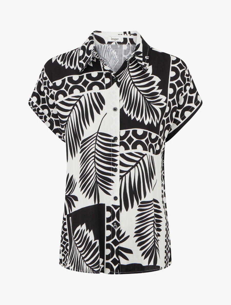 Chemise ample manches courtes imprimé feuilles tropicales - Noir