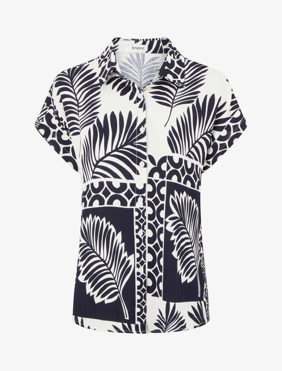 Chemise ample manches courtes imprimé feuilles tropicales - Marine