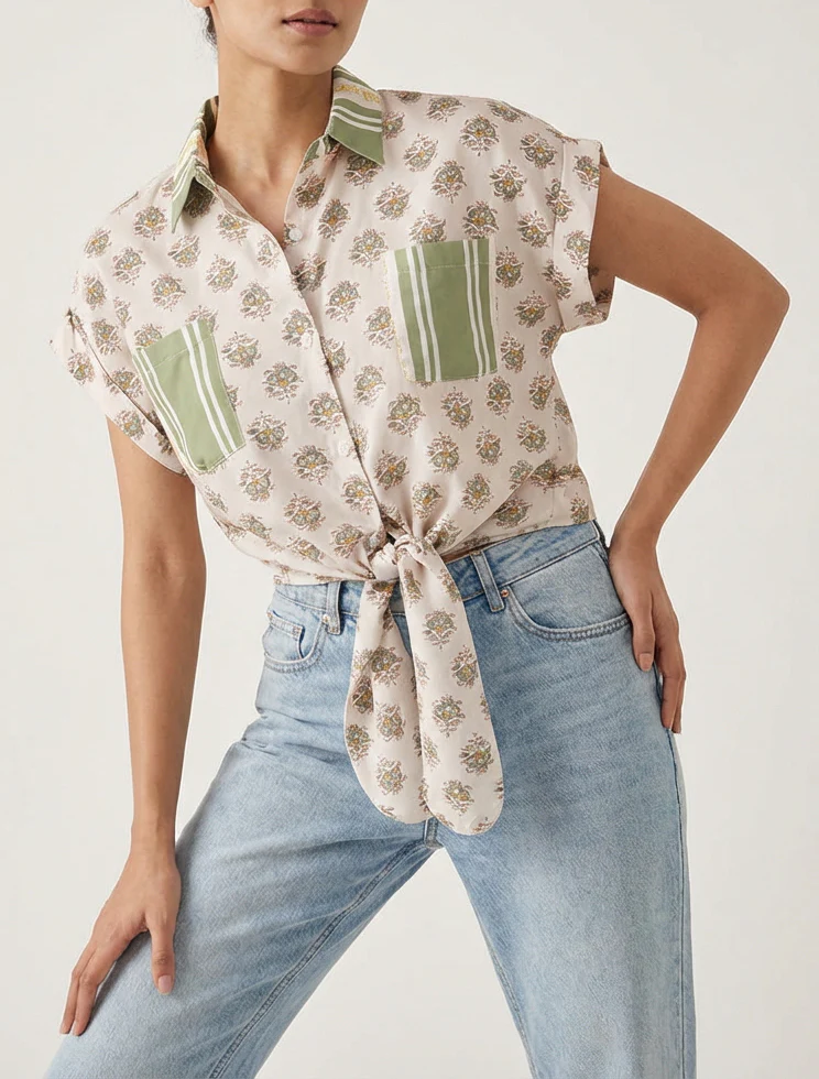 Chemise courte à nouer imprimé floral - Vert olive - Image 4