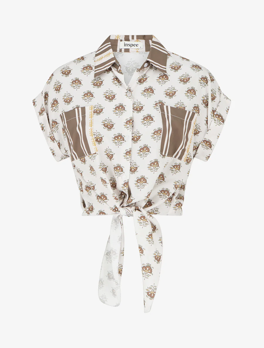 Chemise courte à nouer imprimé floral - Marron