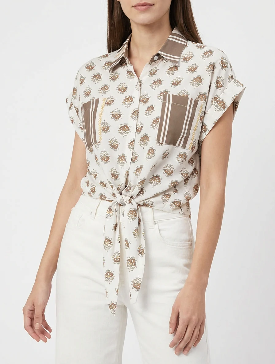 Chemise courte à nouer imprimé floral - Marron - Image 4