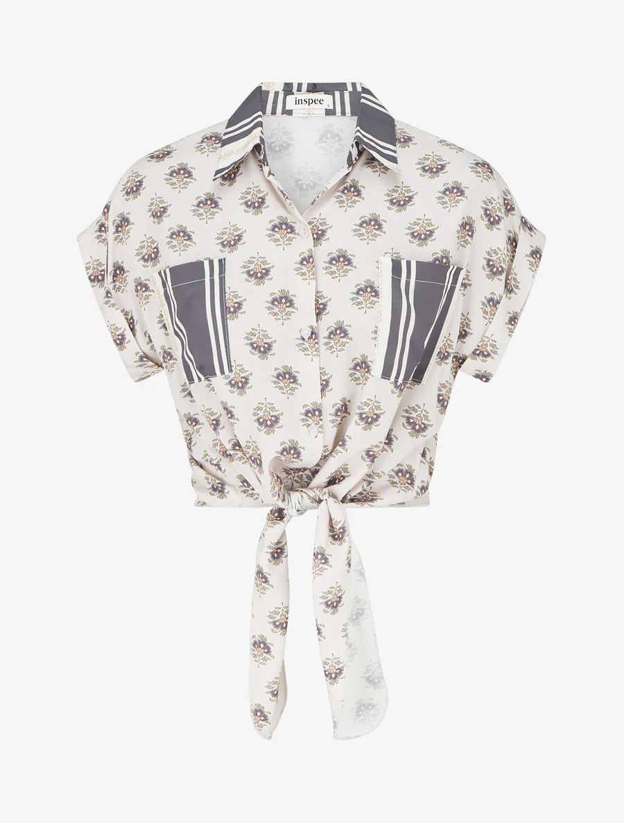 Chemise courte à nouer imprimé floral - Gris foncé