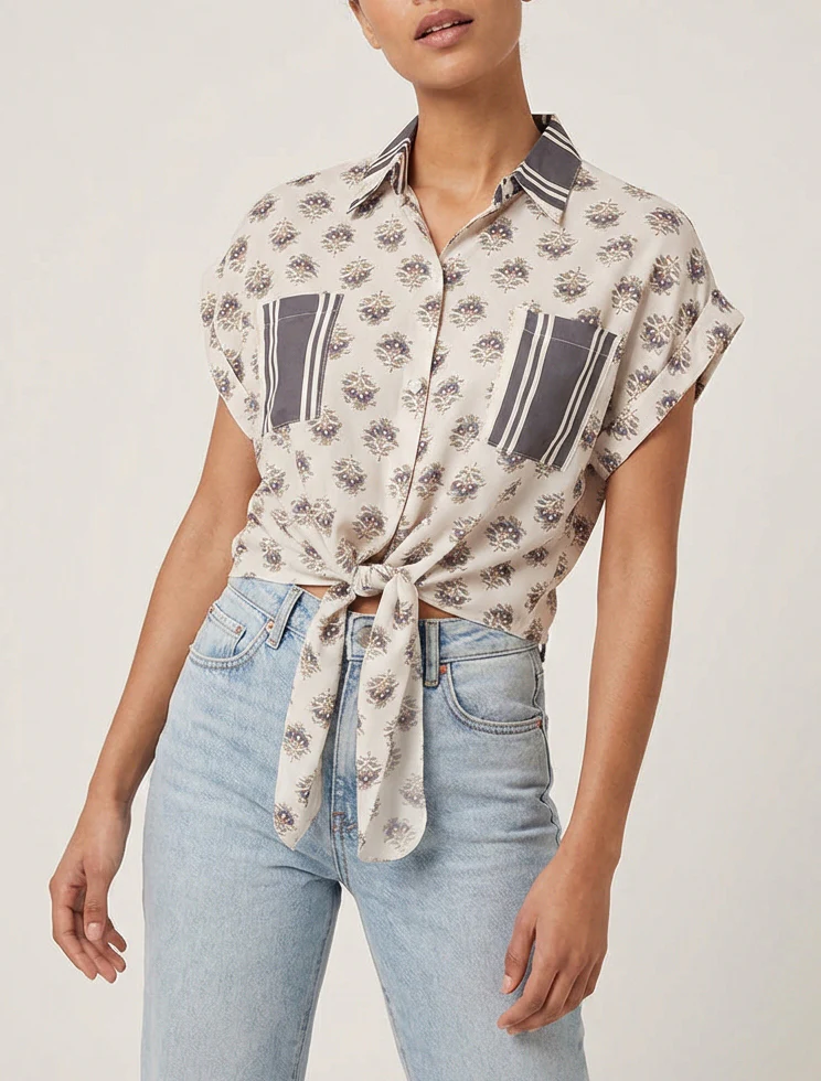 Chemise courte à nouer imprimé floral - Gris foncé - Image 4