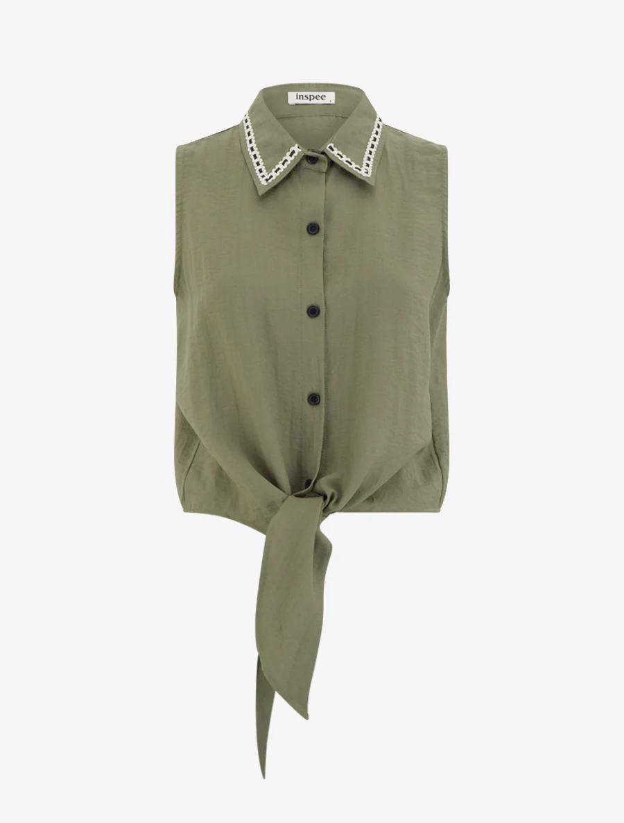 Chemise courte boutonnée à nouer - Kaki