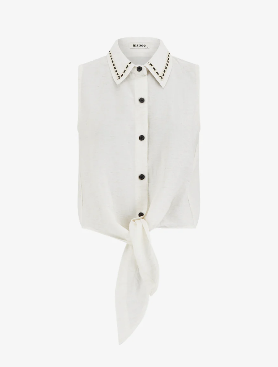 Chemise courte boutonnée à nouer - Écru