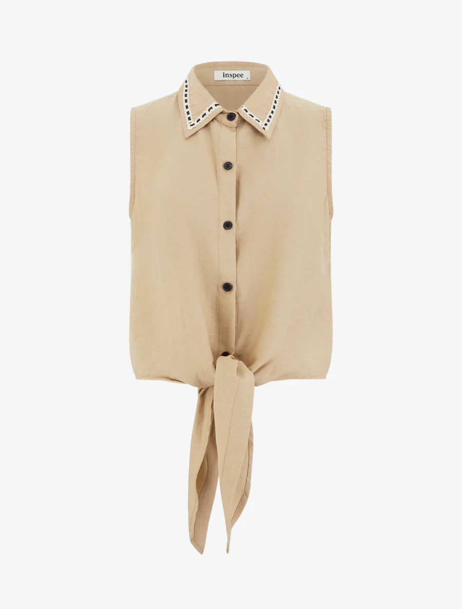 Chemise courte boutonnée à nouer - Taupe