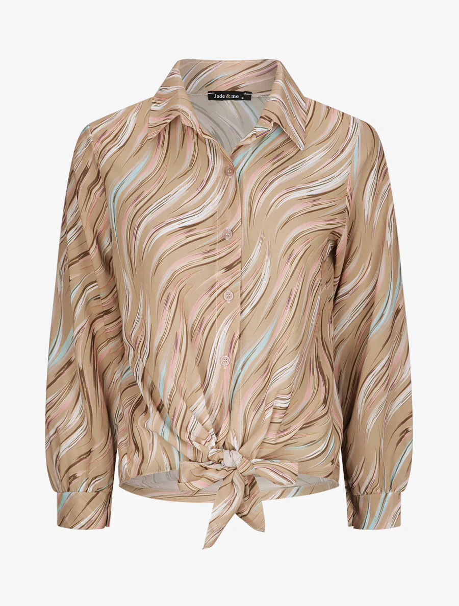 Chemise droite à nouer imprimé lignes stylisées - Camel