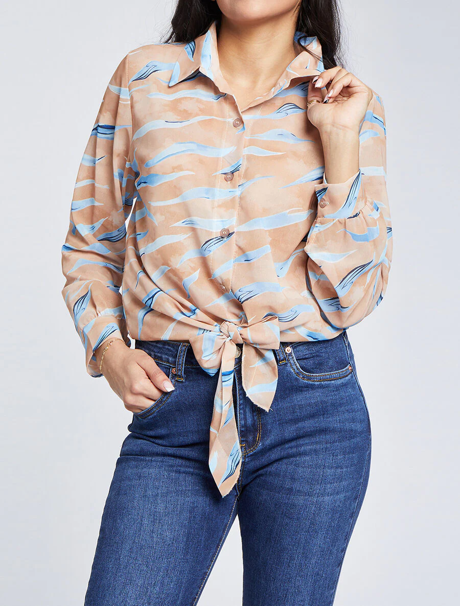 Chemise droite à nouer imprimé tigré stylisé - Camel - Image 4