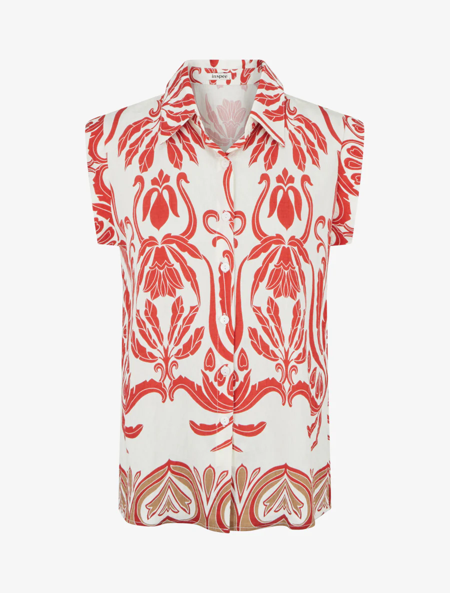 Chemise droite sans manches motif arabesque - Rouge