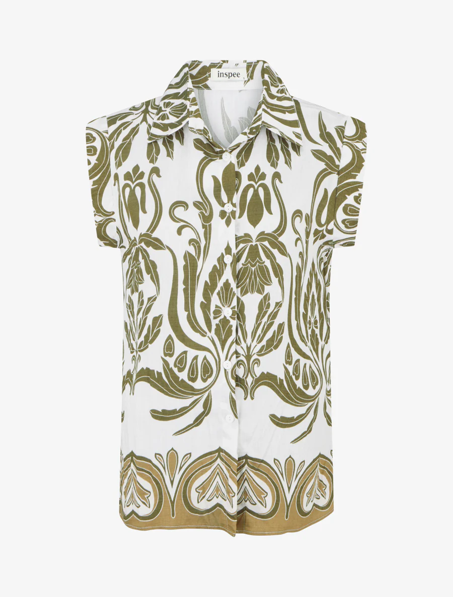 Chemise droite sans manches motif arabesque - Kaki